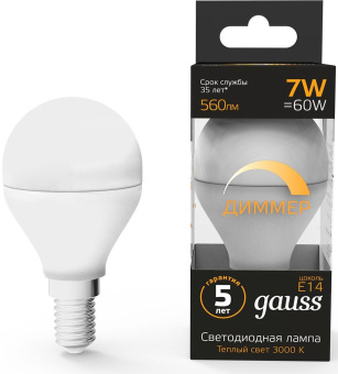 Лампа светодиодная Gauss 7Вт цок.:E14 шар 220B 3000K св.свеч.бел.теп. (упак.:1шт) (105101107-D) - купить недорого с доставкой в интернет-магазине