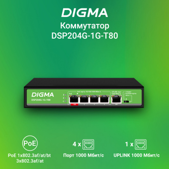 Коммутатор Digma DSP204G-1G-T80 (L2) 5x1Гбит/с 4PoE 4PoE+ 1PoE++ 80W неуправляемый - купить недорого с доставкой в интернет-магазине