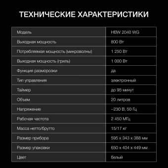 Микроволновая печь Hyundai HBW 2040 WG 20л. 800Вт белый (встраиваемая) - купить недорого с доставкой в интернет-магазине