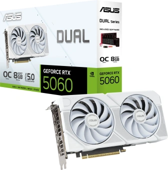 Видеокарта Asus PCI-E 5.0 DUAL-RTX5060-O8G-WHITE NVIDIA GeForce RTX 5060 8Gb 128bit GDDR7 2535/28000 HDMIx1 DPx3 HDCP Ret - купить недорого с доставкой в интернет-магазине