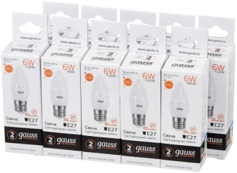 Лампа светодиодная Gauss Elementary 6Вт цок.:E27 свеча 220B св.свеч.бел.теп. C37 (упак.:10шт) (33216) - купить недорого с доставкой в интернет-магазине