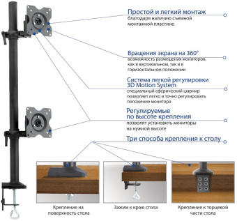 Кронштейн для мониторов ЖК Kromax OFFICE-5 серый 15"-32" макс.12кг настольный поворот и наклон - купить недорого с доставкой в интернет-магазине