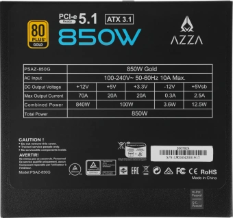 Блок питания Azza ATX 850W PSAZ-850G 80+ gold (20+4pin) APFC 120mm fan 6xSATA Cab Manag RTL - купить недорого с доставкой в интернет-магазине