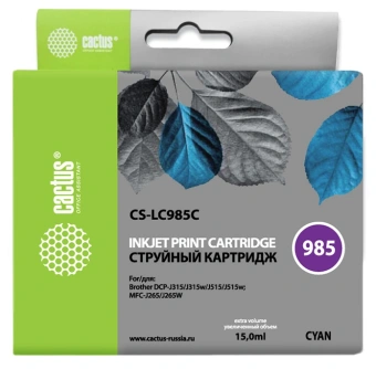 Картридж струйный Cactus CS-LC985C голубой (15мл) для Brother DCPJ315W/DCPJ515W/MFCJ265W с чипом - купить недорого с доставкой в интернет-магазине