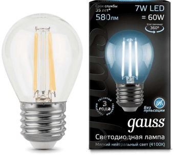 Лампа светодиодная Gauss Filament 7Вт цок.:E27 шар 220B 4100K св.свеч.бел.нейт. P45 (упак.:1шт) (105802207) - купить недорого с доставкой в интернет-магазине