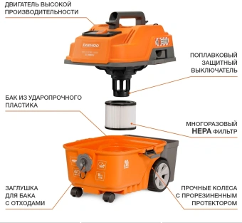 Строительный пылесос Daewoo DAVC 2000 Home 1500Вт (уборка: сухая/сбор воды/выдув) оранжевый - купить недорого с доставкой в интернет-магазине