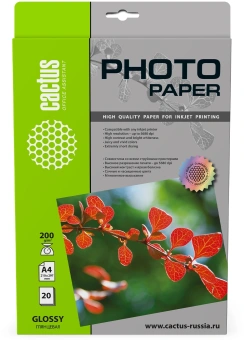 Фотобумага Cactus CS-GA420020 A4/200г/м2/20л./белый глянцевое для струйной печати - купить недорого с доставкой в интернет-магазине