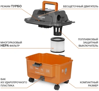 Строительный пылесос Daewoo DAVC 1621Li SET 200Вт (уборка: сухая/сбор воды/выдув) оранжевый - купить недорого с доставкой в интернет-магазине