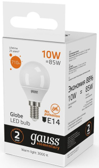 Лампа светодиодная Gauss Elementary 10Вт цок.:E14 шар 220B св.свеч.бел.теп. (упак.:10шт) (53110) - купить недорого с доставкой в интернет-магазине