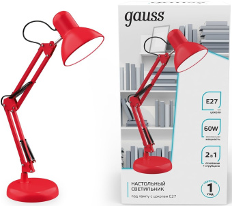 Светильник Gauss GT0024 настольный на струбцине/основание E27 красный 60Вт - купить недорого с доставкой в интернет-магазине