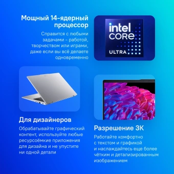 Ноутбук Acer Swift Go 14 SFG14-73-54WC Core Ultra 5 125H 16Gb SSD1Tb Intel Arc 14" IPS WQXGA+ (2880x1800) Windows 11 Home silver WiFi BT Cam (NX.KV4CD.002) - купить недорого с доставкой в интернет-магазине