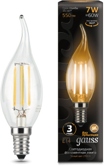 Лампа светодиодная Gauss Filament 7Вт цок.:E14 свеча 220B 2700K св.свеч.бел.теп. CF35 (упак.:1шт) (104801107) - купить недорого с доставкой в интернет-магазине