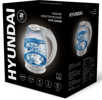Чайник электрический Hyundai HYK-G2409 1.7л. 2200Вт белый/серебристый корпус: стекло/пластик - купить недорого с доставкой в интернет-магазине