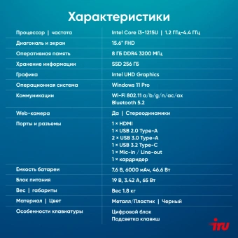 Ноутбук IRU Strato 15ALI Core i3 1215U 8Gb SSD256Gb Intel UHD Graphics 15.6" IPS FHD (1920x1080) Windows 11 Pro Multi Language 64 black WiFi BT Cam 6000mAh (2059106) - купить недорого с доставкой в интернет-магазине