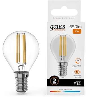 Лампа филам. Gauss Filament 10Вт цок.:E14 шар св.свеч.бел.теп. (упак.:10шт) (52110) - купить недорого с доставкой в интернет-магазине