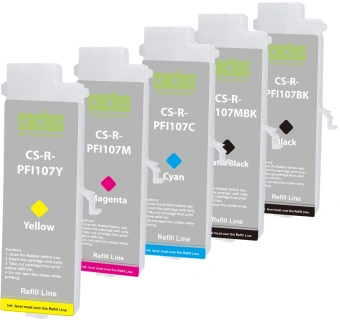 Картридж перезаправляемый струйный Cactus CS-R-PFI107SET черный/черный матовый/голубой/желтый/пурпурный набор 5шт.упак. для Canon imageProGRAF iPF670/680/685/770/780/785 без чипа - купить недорого с доставкой в интернет-магазине