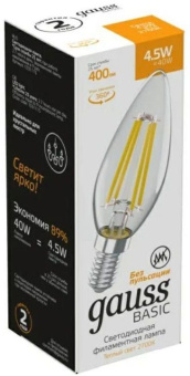 Лампа светодиодная Gauss Basic 1031115 4.5Вт цок.:E14 свеча 220B 2700K св.свеч.бел.теп. (упак.:10шт) - купить недорого с доставкой в интернет-магазине