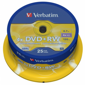 Диск DVD+RW Verbatim 4.7Gb 4x Cake Box (25шт) (43489) - купить недорого с доставкой в интернет-магазине