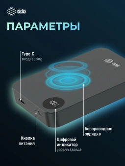 Мобильный аккумулятор Cactus CS-PBFSTA-10000 10000mAh 22.5W 4.5A USB-C беспров.зар. серый - купить недорого с доставкой в интернет-магазине