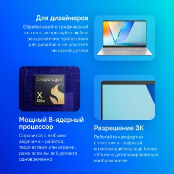 Ноутбук Asus Vivobook S 15 OLED S5507QA-MA013W Snapdragon X Plus X1P-42-100 16Gb SSD1Tb Qualcomm Adreno 15.6" OLED 3K (2880x1620) Windows 11 Home silver WiFi BT Cam (90NB14Q2-M00B40) - купить недорого с доставкой в интернет-магазине