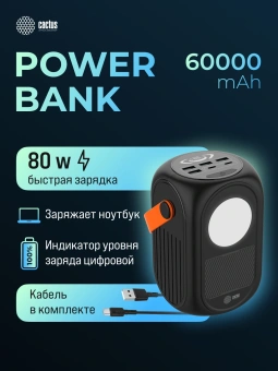 Мобильный аккумулятор Cactus CS-PBFSUD-60000 60000mAh 80W 4.5A черный - купить недорого с доставкой в интернет-магазине