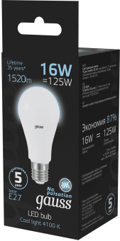 Лампа светодиодная Gauss A60 16Вт цок.:E27 груша 220B св.свеч.бел.нейт. (упак.:1шт) (102502216) - купить недорого с доставкой в интернет-магазине