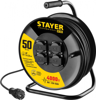 Удлинитель силовой Stayer 55076-50_z01 3x2.5кв.мм 4розет. 50м КГ катушка черный - купить недорого с доставкой в интернет-магазине