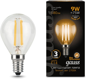 Лампа филам. Gauss Filament 9Вт цок.:E14 шар 220B 2700K св.свеч.бел.теп. (упак.:10шт) (105801109) - купить недорого с доставкой в интернет-магазине