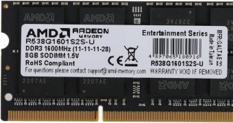 Память DDR3 8GB 1600MHz AMD R538G1601S2S-U RTL PC3-12800 CL11 SO-DIMM 204-pin 1.5В dual rank Ret - купить недорого с доставкой в интернет-магазине