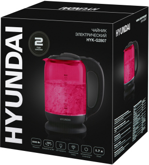 Чайник электрический Hyundai HYK-G4808 1.7л. 2200Вт малиновый/черный корпус: стекло - купить недорого с доставкой в интернет-магазине