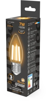 Лампа филам. Gauss Filament 7Вт цок.:E27 свеча 220B св.свеч.бел.теп. (упак.:1шт) (103802107) - купить недорого с доставкой в интернет-магазине