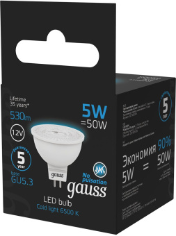 Лампа светодиодная Gauss 201505305 5Вт цок.:GU5.3 рефлек. 12B 6500K св.свеч.бел.хол. (упак.:1шт) - купить недорого с доставкой в интернет-магазине