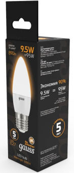 Лампа светодиодная Gauss 9.5Вт цок.:E27 свеча 220B св.свеч.бел.теп. (упак.:10шт) (103102110) - купить недорого с доставкой в интернет-магазине