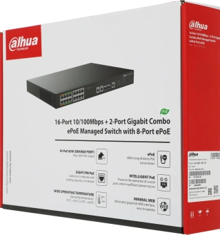 Коммутатор Dahua DH-LR2218-16ET-240 (L2) 16x100Мбит/с 2x1Гбит/с 2xКомбо(1000BASE-T/SFP) 2SFP 14PoE+ 2PoE++ 240W управляемый - купить недорого с доставкой в интернет-магазине