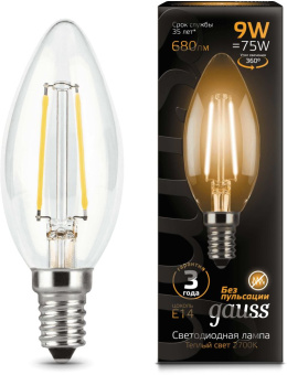 Лампа светодиодная Gauss Filament 9Вт цок.:E14 свеча 220B 2700K св.свеч.бел.теп. С35 (упак.:1шт) (103801109) - купить недорого с доставкой в интернет-магазине