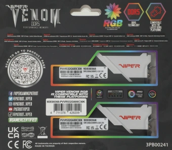 Память DDR5 2x16GB 6000MHz Patriot PVVR532G600C30K Viper Venom RGB RTL Gaming PC5-48000 CL30 DIMM 288-pin 1.35В kit с радиатором Ret - купить недорого с доставкой в интернет-магазине
