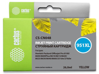 Картридж струйный Cactus CS-CN048 №951XL желтый (26мл) для HP DJ Pro 8100/8600 с чипом - купить недорого с доставкой в интернет-магазине