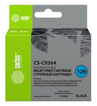 Картридж струйный Cactus CS-C9364 №129 черный (15мл) для HP PS 8053/8753/5943/2573/DJ 5900series - купить недорого с доставкой в интернет-магазине