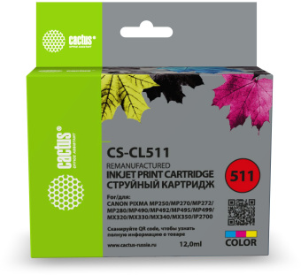 Картридж струйный Cactus CS-CL511 CL-511 многоцветный (12мл) для Canon MP240/MP250/MP260/MP270/MP480/MP490 - купить недорого с доставкой в интернет-магазине