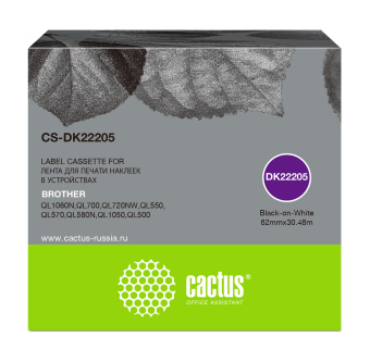 Картридж ленточный Cactus CS-DK22205 DK-22205 черный на белом 62x30.48 черный для Brother P-touch QL-500, QL-550, QL-700, QL-800 - купить недорого с доставкой в интернет-магазине