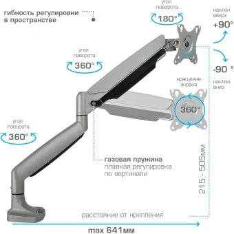 Кронштейн для мониторов ЖК Kromax OFFICE-21 серебристый 17"-45" макс.15кг настольный поворот и наклон - купить недорого с доставкой в интернет-магазине