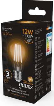 Лампа светодиодная Gauss Filament 102902112 12Вт цок.:E27 груша 185B 2700K св.свеч.бел.теп. грушевидная (упак.:1шт) - купить недорого с доставкой в интернет-магазине