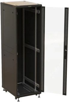 Шкаф серверный Hyperline (TTBR-4268-AS-RAL9004) напольный 42U 600x800мм пер.дв.стекл задн.дв.перфор. 4 бок.пан. 1000кг черный 710мм 2055мм IP20 - купить недорого с доставкой в интернет-магазине