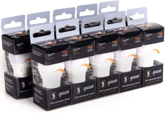 Лампа светодиодная Gauss 7Вт цок.:E27 шар 220B 3000K св.свеч.бел.теп. (упак.:10шт) (105102107-D) - купить недорого с доставкой в интернет-магазине