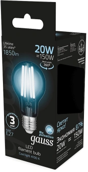 Лампа светодиодная Gauss Filament 102902220 20Вт цок.:E27 груша 220B св.свеч.бел.нейт. (упак.:10шт) - купить недорого с доставкой в интернет-магазине