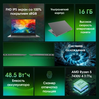 Ноутбук Digma Pro Fortis M Ryzen 5 7430U 16Gb SSD512Gb AMD Radeon Graphics 15.6" IPS FHD (1920x1080) Windows 11 Pro grey WiFi BT Cam 4250mAh (DN15R5-ADXW07) - купить недорого с доставкой в интернет-магазине