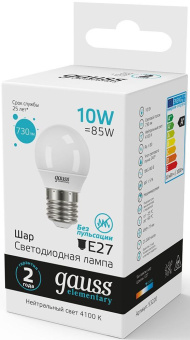 Лампа светодиодная Gauss Elementary 10Вт цок.:E27 шар 220B св.свеч.бел.нейт. (упак.:10шт) (53220) - купить недорого с доставкой в интернет-магазине