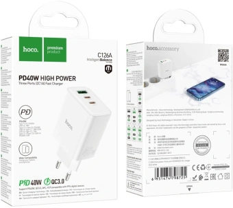Сетевое зар./устр. Hoco C126A Pure power PD40W three-port(2C1A) charger(EU 40W (PD+QC) белый - купить недорого с доставкой в интернет-магазине