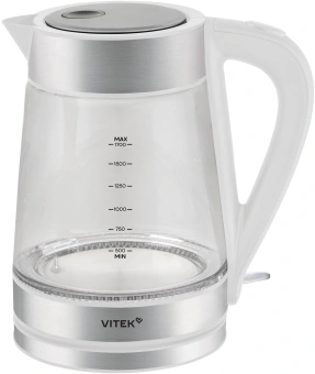 Чайник электрический Vitek VT-WK1030 1.7л. 2200Вт белый/серебристый корпус: стекло - купить недорого с доставкой в интернет-магазине