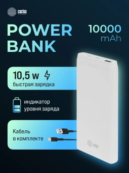 Мобильный аккумулятор Cactus CS-PBFSMT-10000 10000mAh 10.5W 2.1A 2xUSB-A белый - купить недорого с доставкой в интернет-магазине